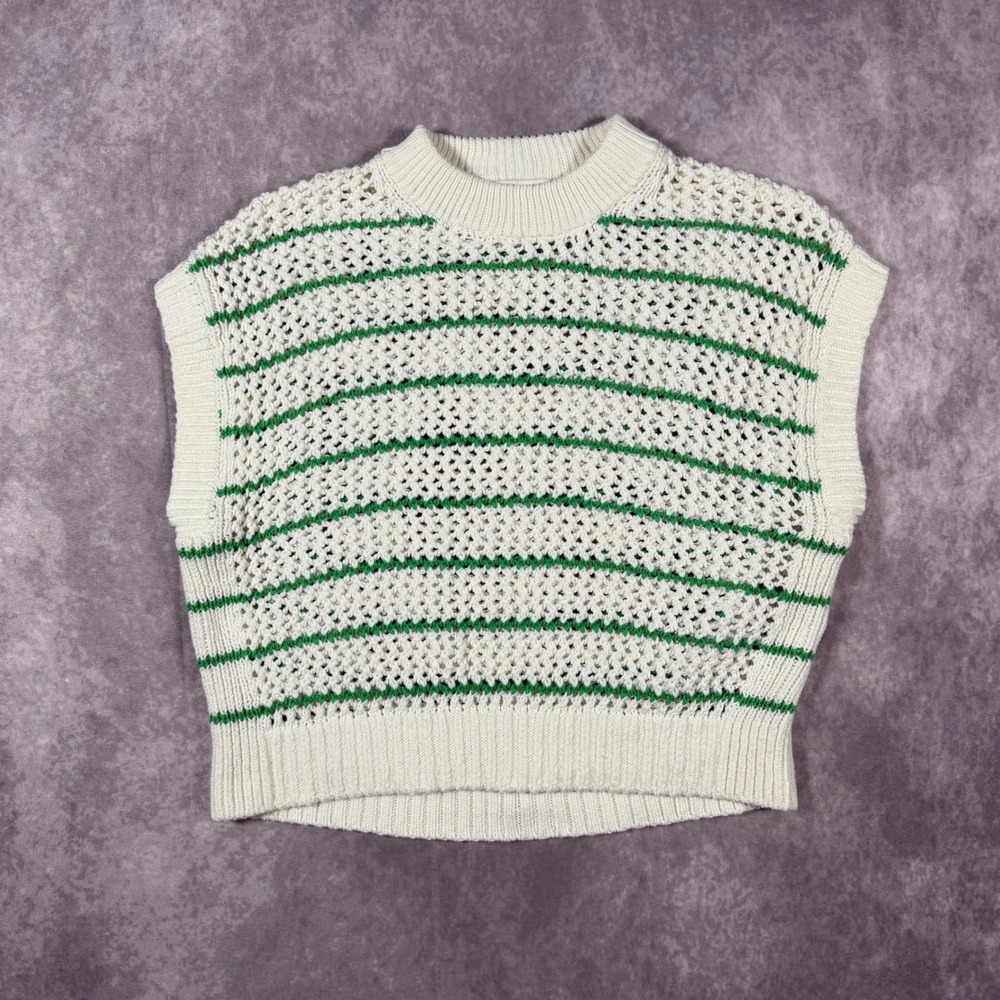 Madewell Womens XS Cream Green Striped Open Knit Crew Neck Sweater Vest Boho